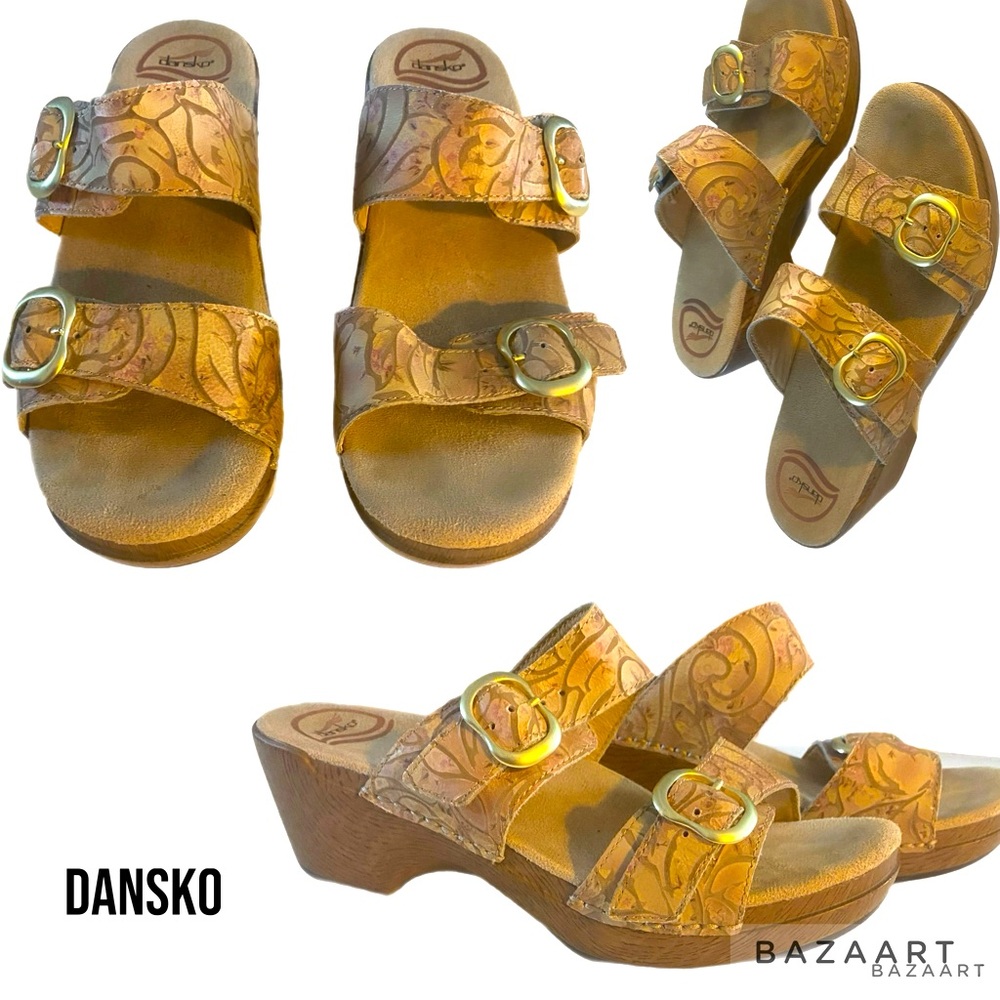 Dansko Yellow Floral Leather Slide Sandals with Gold Buckles